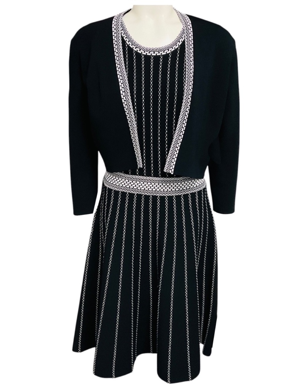 PAULE KA BLACK / WHITE VISCOSE KNIT CARDIGAN AND DRESS SET